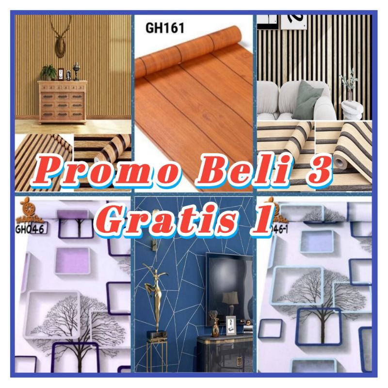 Walpeper dinding motif 3D / ungu / biru / kuning / putih / kayu / walpaper dekorasi