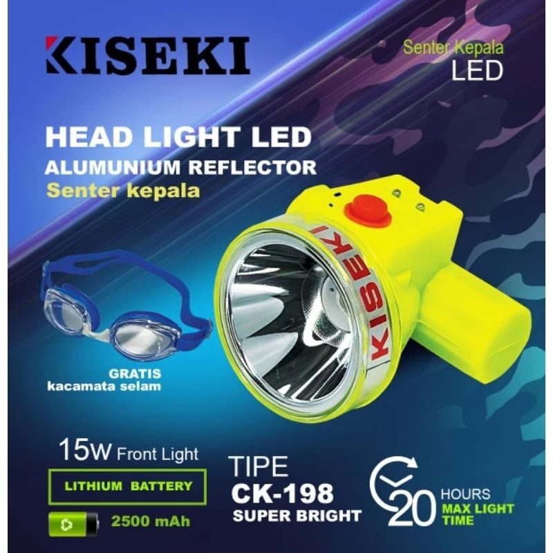 Senter Kepala kiseki 15wtt tipe 198 waterproof / Senter Kepala kiseki anti air / Super Terang