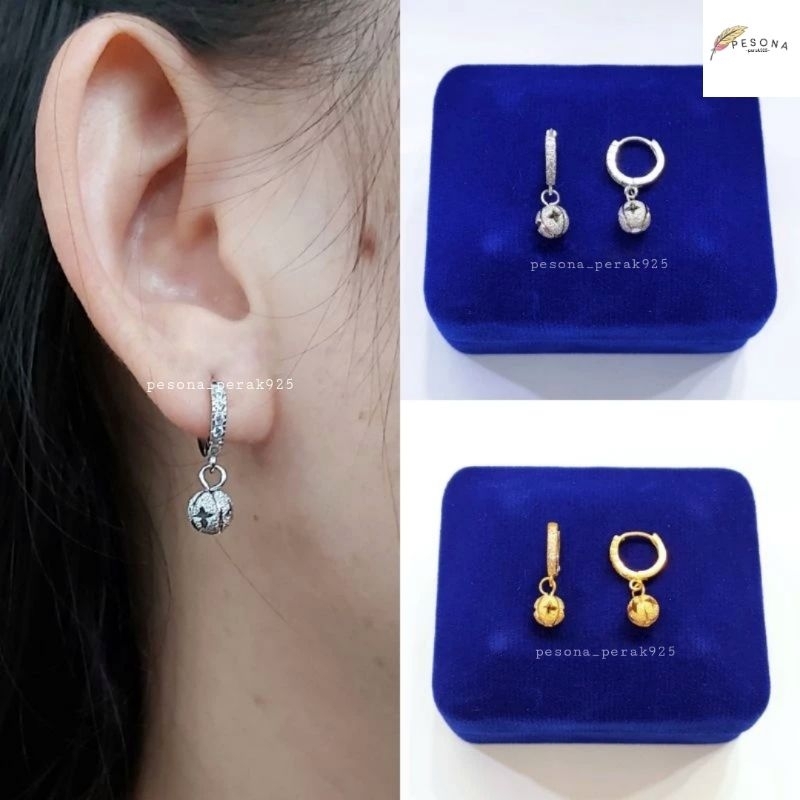 ANTING PERAK ASLI SILVER 925 LAPIS EMAS MODEL JEPIT GANTUNGAN BOLA UKIR PASIR