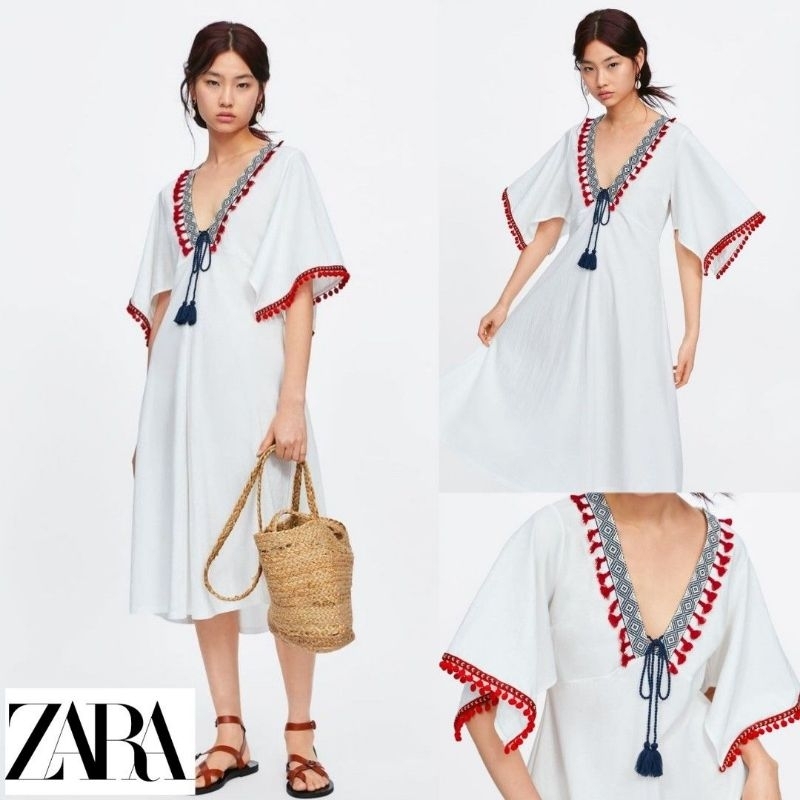 [ZARA] Bohemian Long Dress Embroidery Ethnic Vintage Victorian Cotton V Neck Slit Sleeve Summer Whit