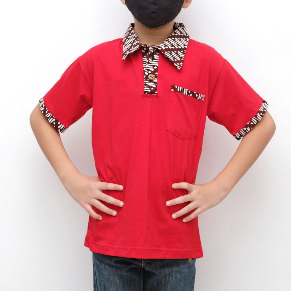 Kaos Krah Polo Batik Anak Unisex Lengan Pendek Warna Merah Premium Sari