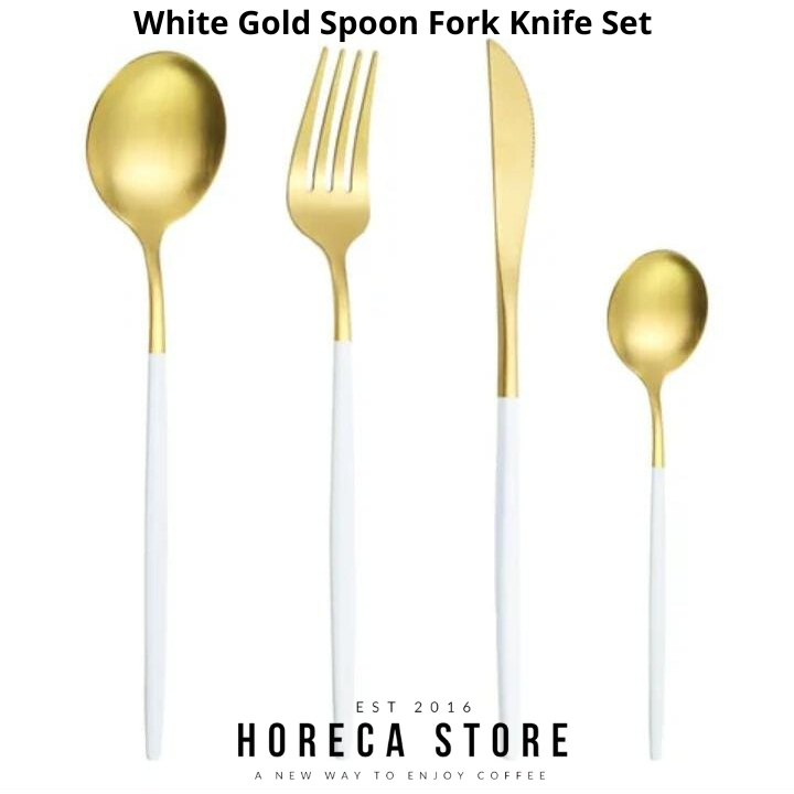 White Gold Spoon Fork Knife Set - Sendok Garpu makan Edisi warna Emas
