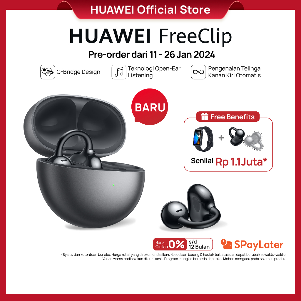 	 [BARU] HUAWEI FreeClip Open-Ear TWS Earphone | Fashionable C-Bridge Design | 36 hours Battery Life | IP54	