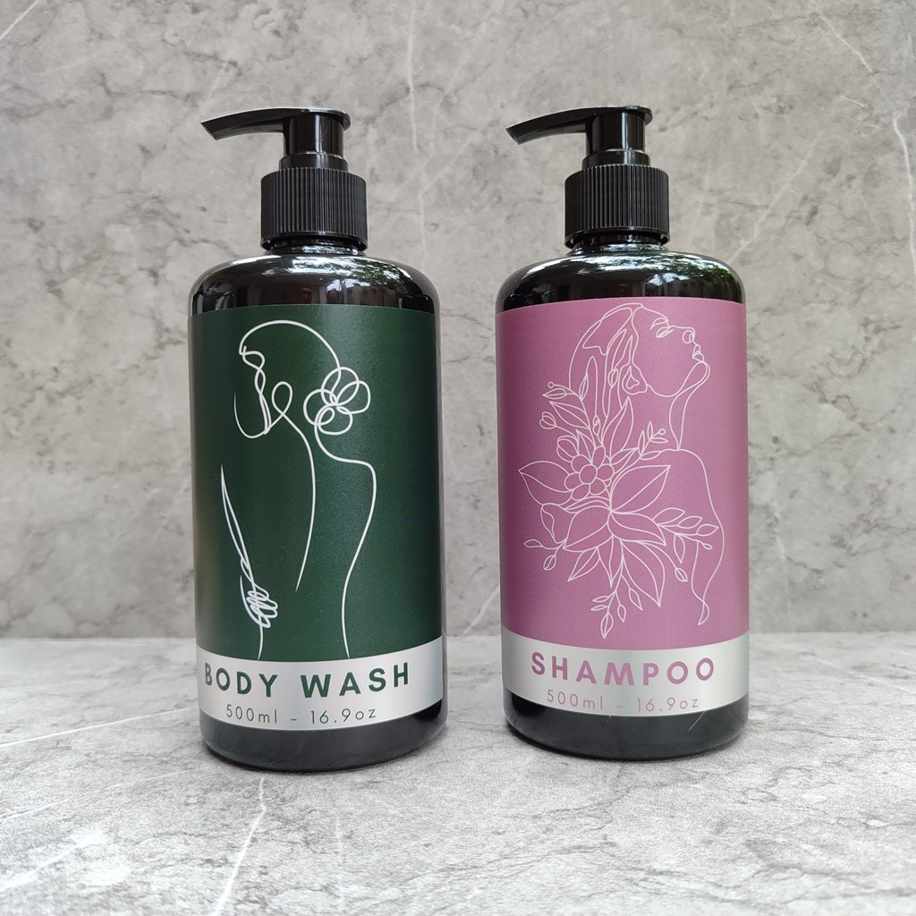 Botol Tempat Sabun Cair Shampoo Pump Dispenser Sabun Shampoo Aesthetic 500ml Motif Line Art