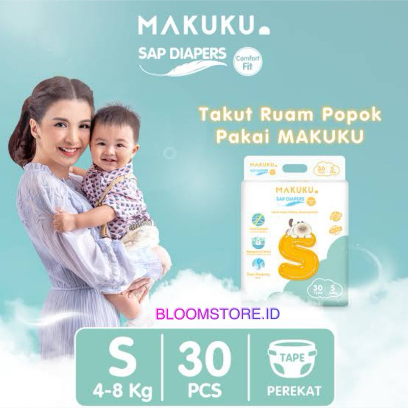 MAKUKU Air Diaper Diapers Comfort Fit SAP Size Ukuran S30 S isi 30 Type Tipe Popok Perekat Taped Tap