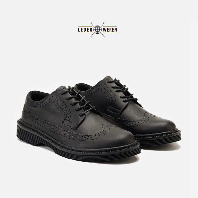 	 Lederweren - Leder WingTip Full Black - Sepatu Kulit Pantofel Pria Formal - Sepatu Tali Kulit Pria	