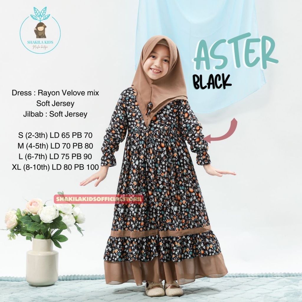 Shakila Kids Gamis Anak Aster Black | Gamis Anak Perempuan Dress Lebaran | Set Gamis Anak Perempuan | Baju Gamis Syari Anak Bahan Premium | Gamis Anak Best Seller Free Jilbab | Gamis Anak Muslimah Umur 2 – 12 Tahun | Gamis Anak Motif Bunga Warna Hitam