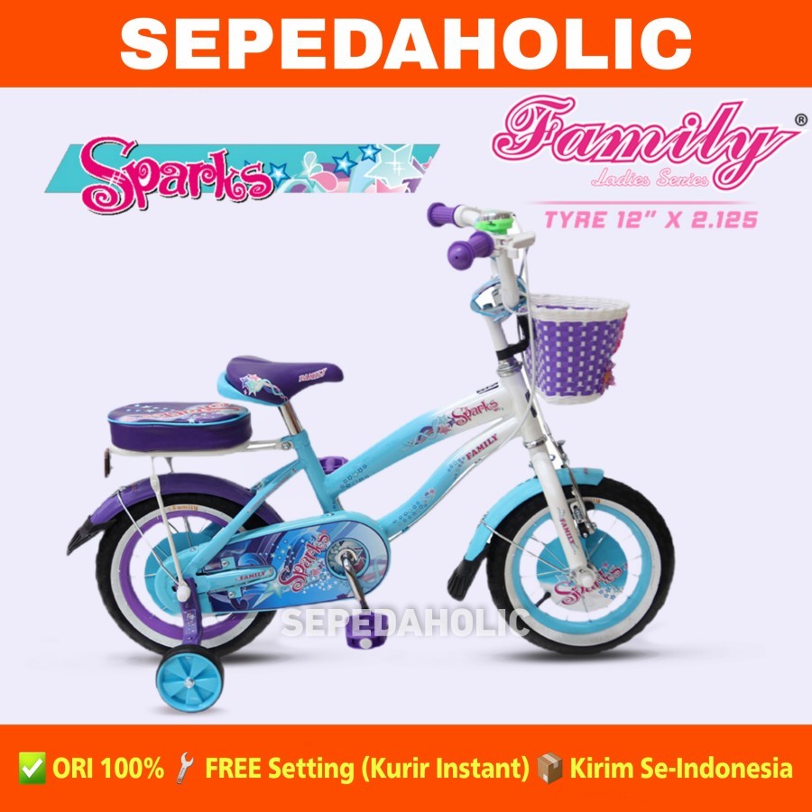 Sepeda Anak Perempuan FAMILY SPARKS Ukuran 12 16 18 20 Inch Keranjang Usia 2-11 Tahun