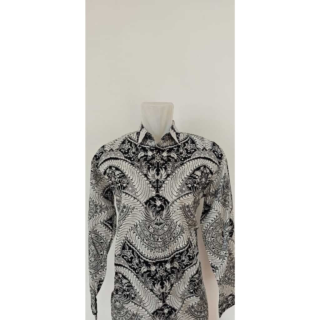 Kemeja Batik Pria Lengan Panjang Katun Premium Warna Hitam Putih