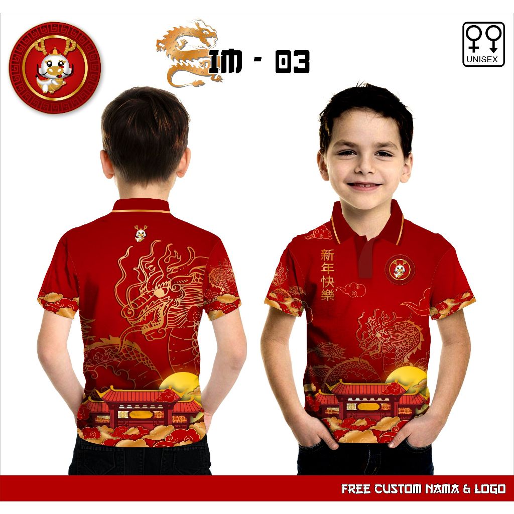 Baju polo anak sincia imlek kaos jersey imlek shio naga tahun baru china 2024