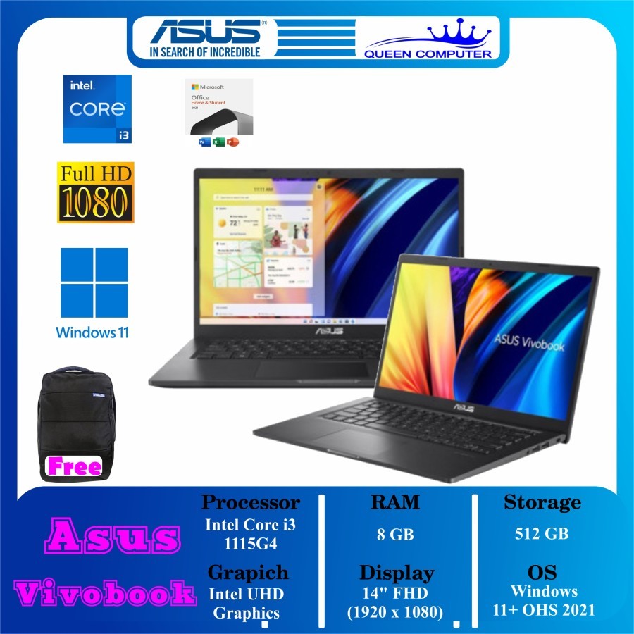 Laptop ASUS A1400EA Core i3 1115G4 RAM 8GB SSD 512GB W11 + OHS BLACK