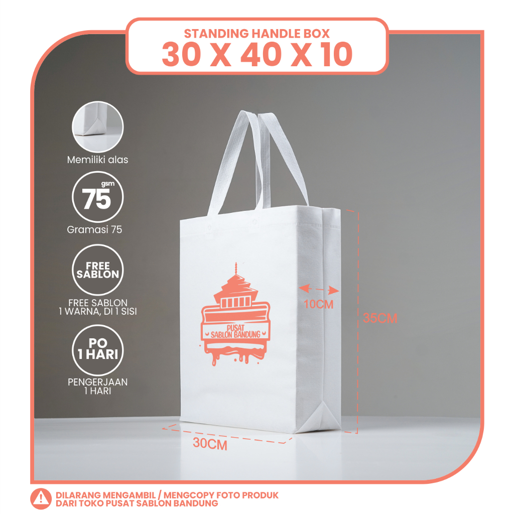 

TAS SPUNBOND LIPAT BOX 30X40 (SABLON COSTOM) UNTUK TAS SOUVENIR, SYUKRAN, MENGENANG, PROMOSI, BANSOS, CLOTHING, LEMBAGA DLL