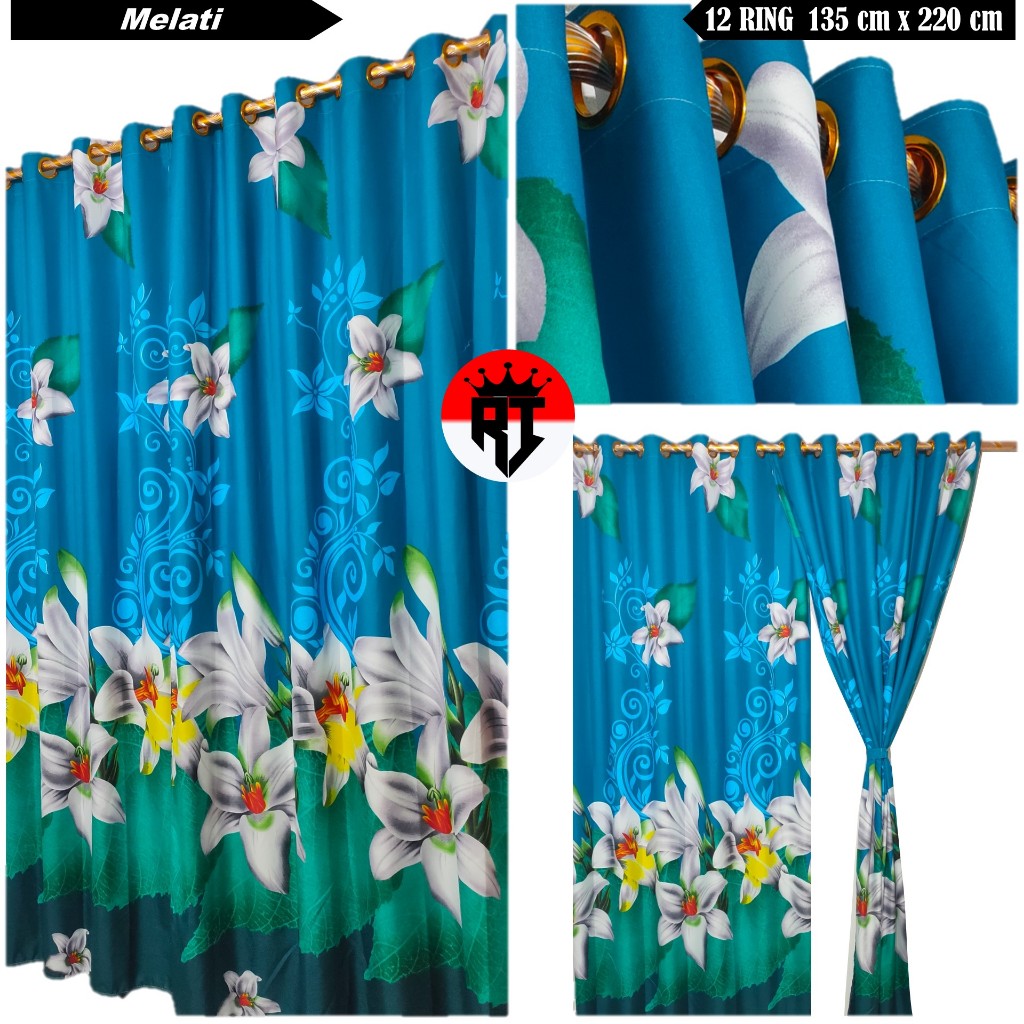 Gorden Jendela Pintu Kamar Model Smokring 12 Lubang Ring Motif Bunga Hijau Tosca Melati