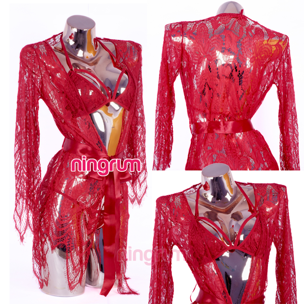 Ningrum - Kimono Lingerie Set Include Bra dan CD Renda Transparan Red Series