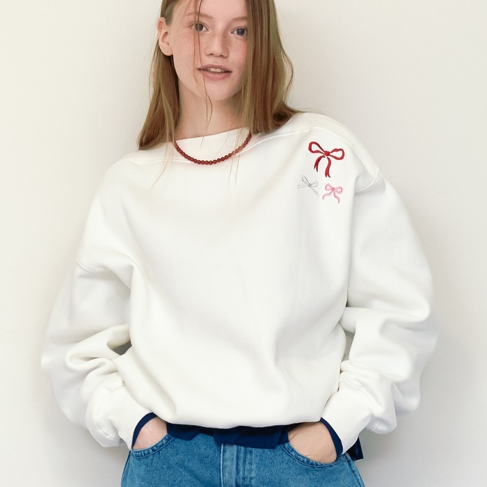 RONRON 3 Ribbon Boatneck Sweatshirt White Coquette