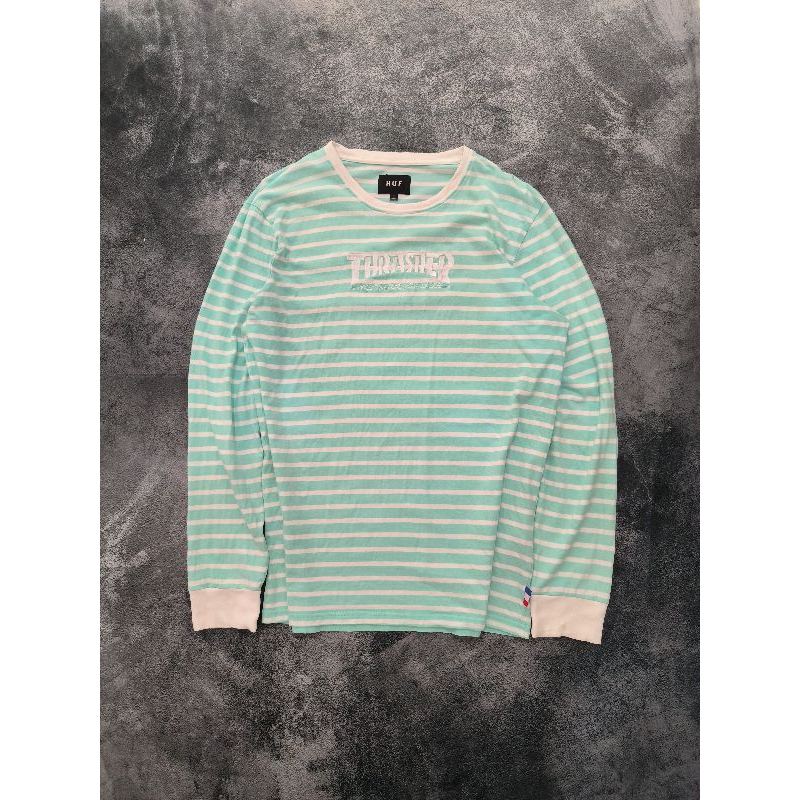 KAOS TSHIRT LONG SLEEVE SKATEBOARD HUF X THRASHER STRIPE SALUR
