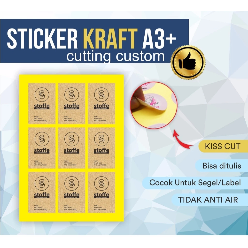 

CETAK STIKER KRAFT CUSTOM A3+ POTONG SESUAI POLA