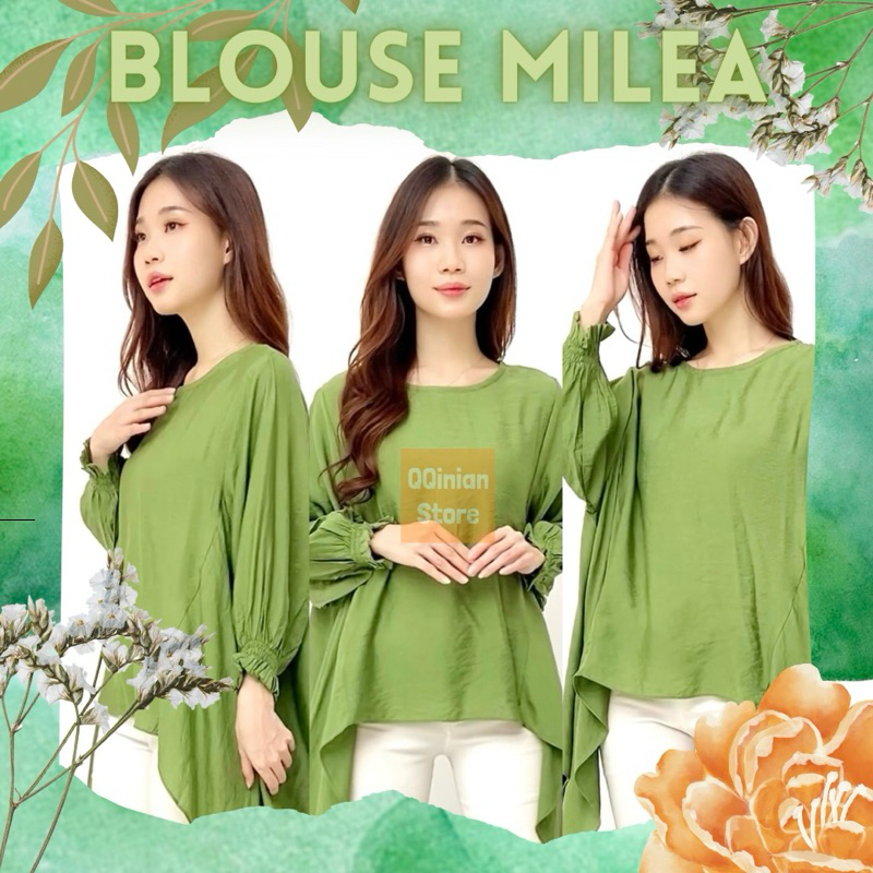 Blouse Baju Atasan Milea Fashion Lengan Panjang QQinian Katun Silk Viscose Hijau Army Hijau Stabillo