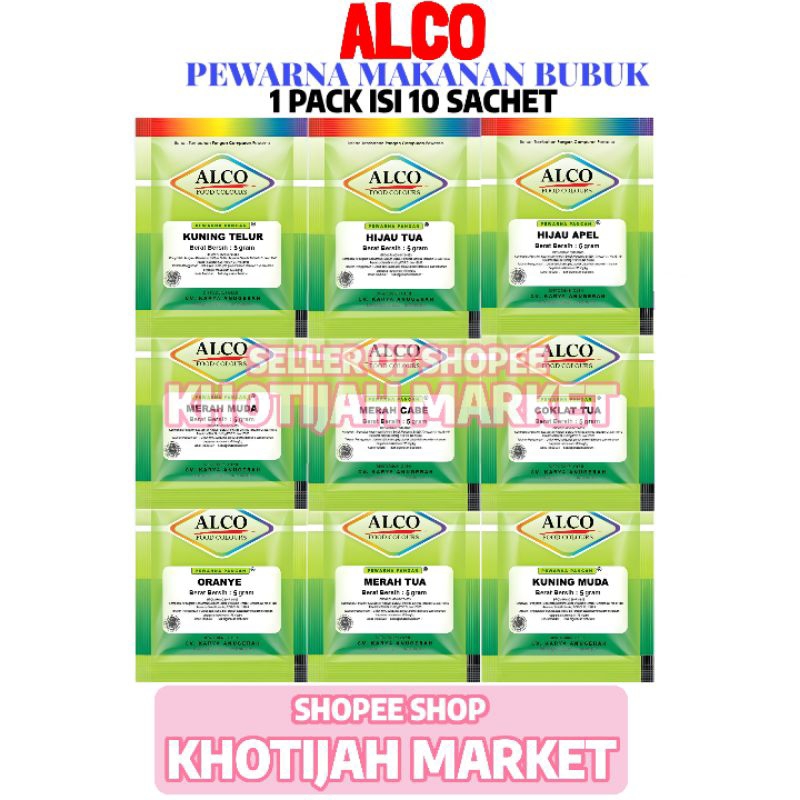 

Pewarna Bubuk Makanan Minuman Kue Alco 1 Pack 10 Sachet 5 GR