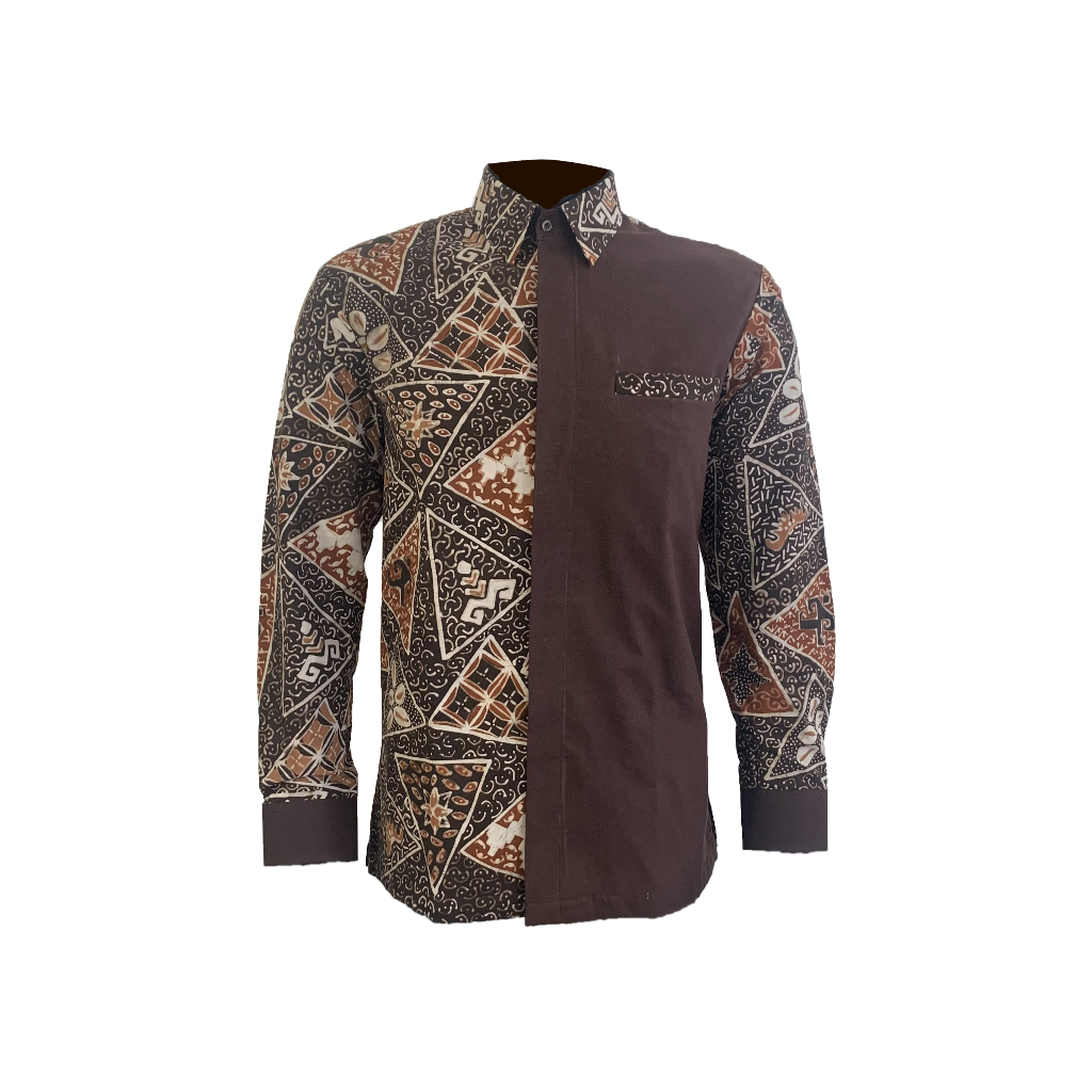 Kemeja Batik Tulis motif Lampung warna Alami (Mahoni) size L kombinasi bahan polos