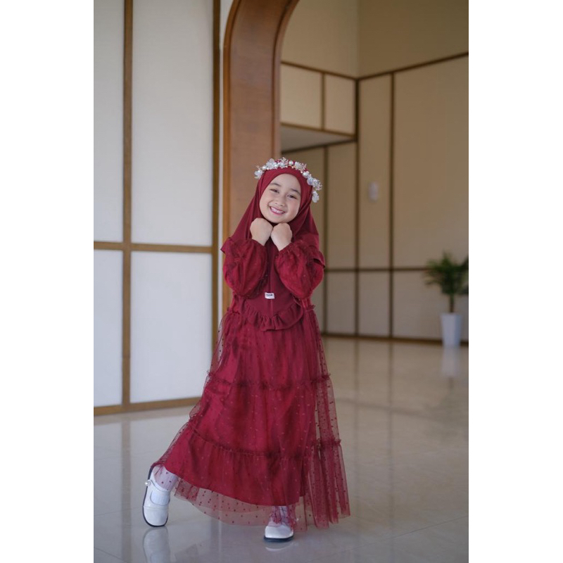 Gamis Elsa Set Kerudung Warna Maroon Gamis Anak Bahan Rayon Twill Tile Dot Neeca Size 2 4 6 8 10 Tahun Murah