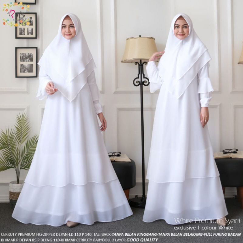 Gamis Putih Series || Dress syari Free jilbab || Ceruty baby doll Ld 110 pj 140
