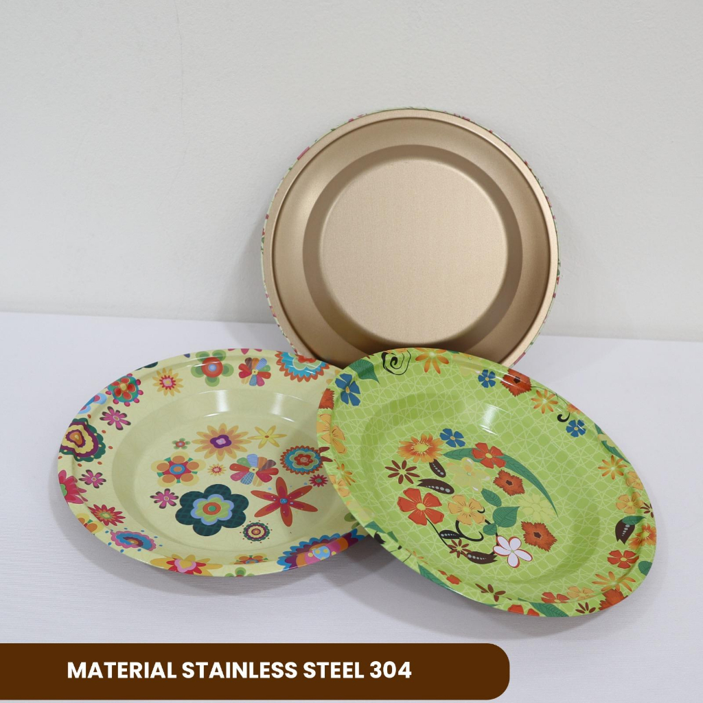 1 LUSIN Piring Alumunium Piring Stainless Motif Bunga Colorfull - Piring Panjang - Piring Saji Oval 