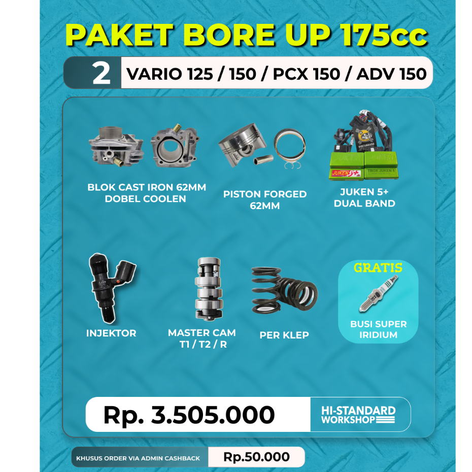 PAKET BORE UP 2 175CC SPEK 62 BRT VARIO 150 125 PCX 150 BLOK SET PISTON 62 NOKEN AS PER KLEP INJEKTO