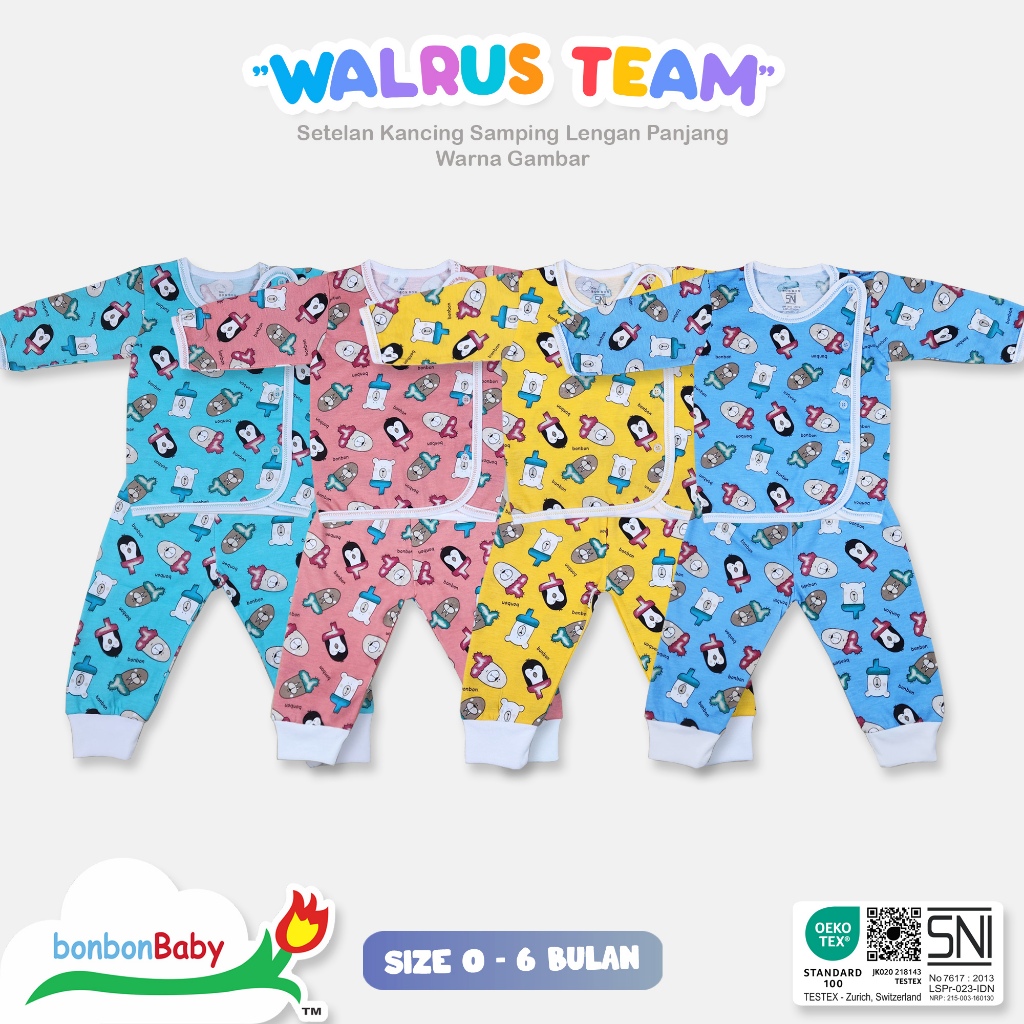 BONBONBABY - Setelan Baju Bayi Kancing Samping Lengan Panjang Warlus Team 3-6 Bulan