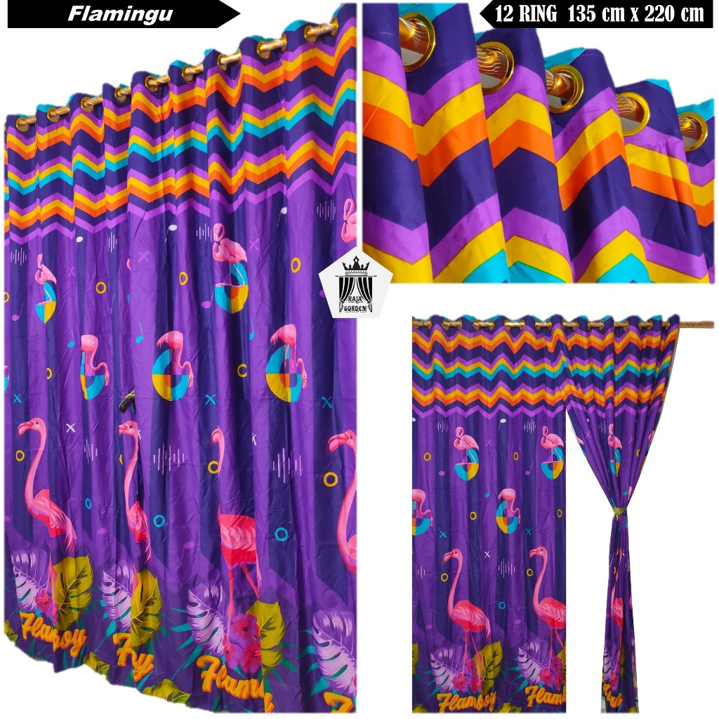 Gorden Hordeng Jendela Pintu Kamar Model Smokring 12 Lubang Ring Motif Bunga Ungu