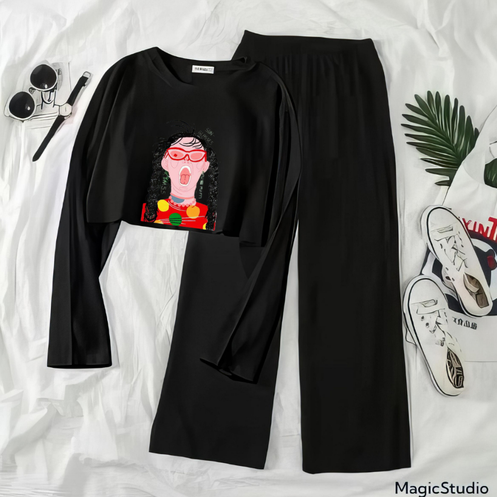 JBF One Set Korea / Setelan Remaja Big Size Crop Top Long Slevee Very Angry