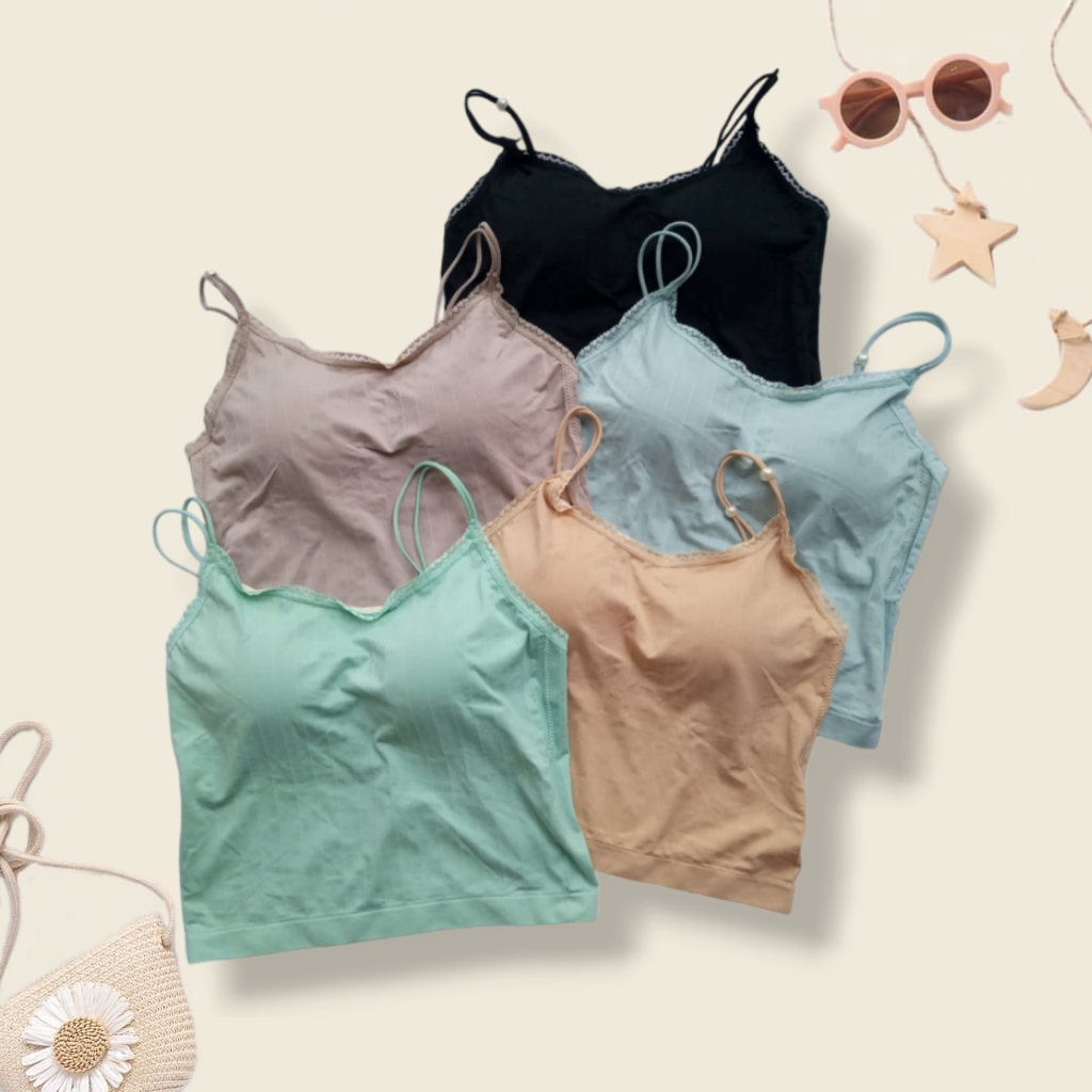 TANKTOP BRA WITH CUP BH SINGLET WANITA PAKAIAN WANITA ATASAN TANK TOP RENDA TALI KECIL MUTIARA TERMU