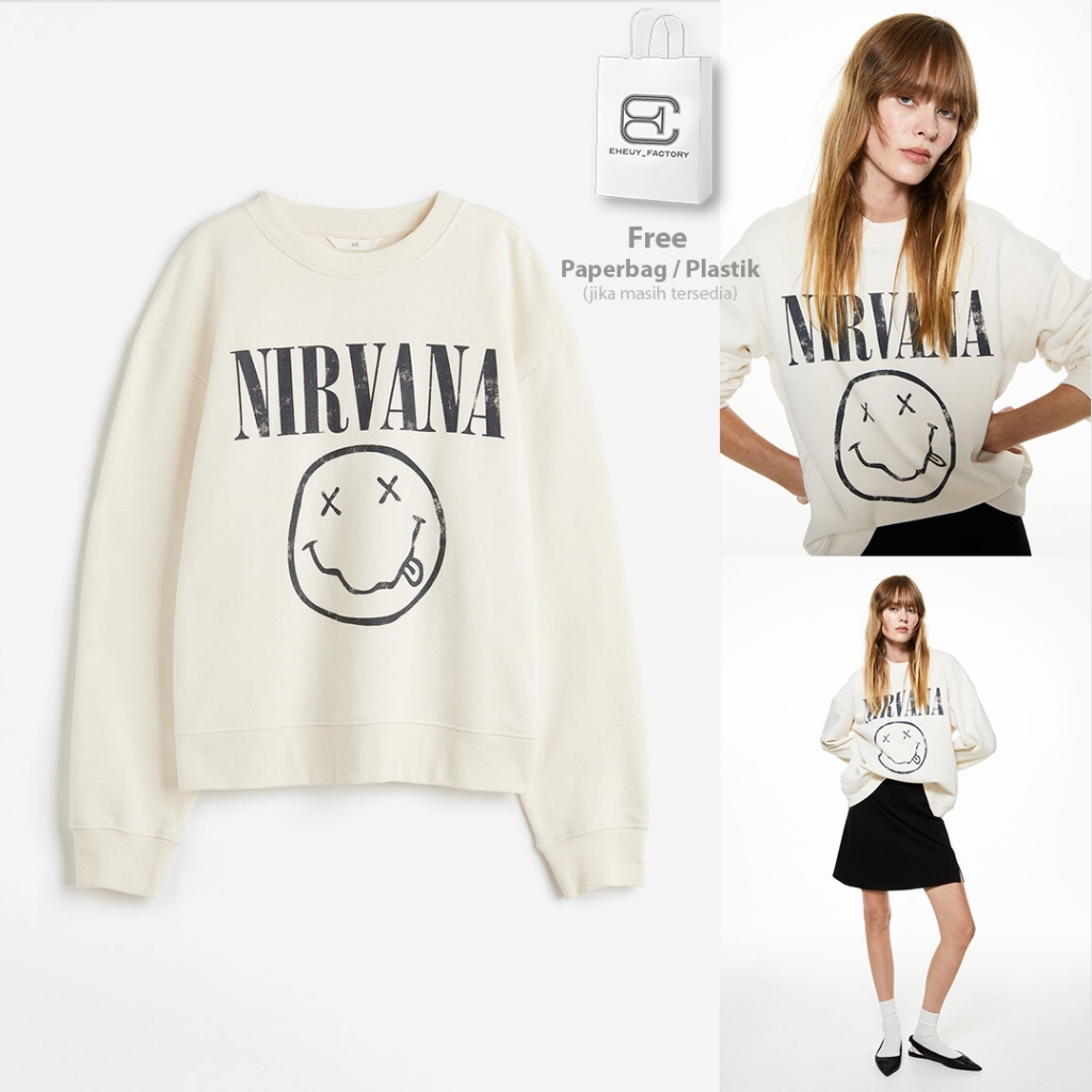 Crewneck Nirvana Smile Broken White Sweater Wanita Nirvana Smile Soft Cream