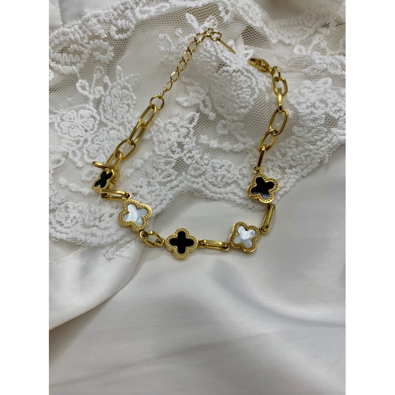 gelang titanium anti karat clover hitam putih rantai besar mewah elegan murah