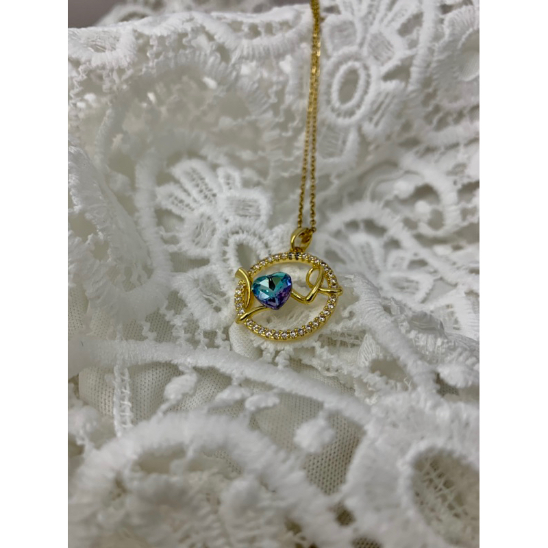 kalung titanium anti karat love batu aurora pancawarna liontin mewah unik elegan gold