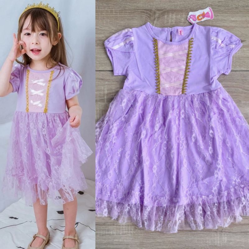 Dress disney princess Rapunzel kaos casual renda brokat import
