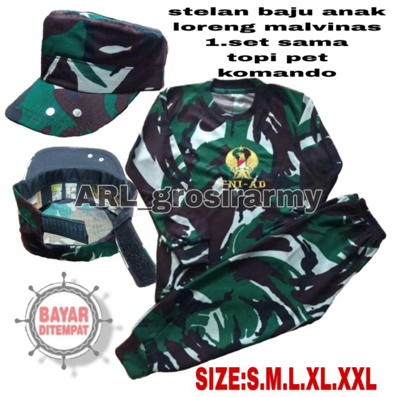 baju anak stelan anak lengan panjang loreng malvinas 1.set sama topi  pet komando tni