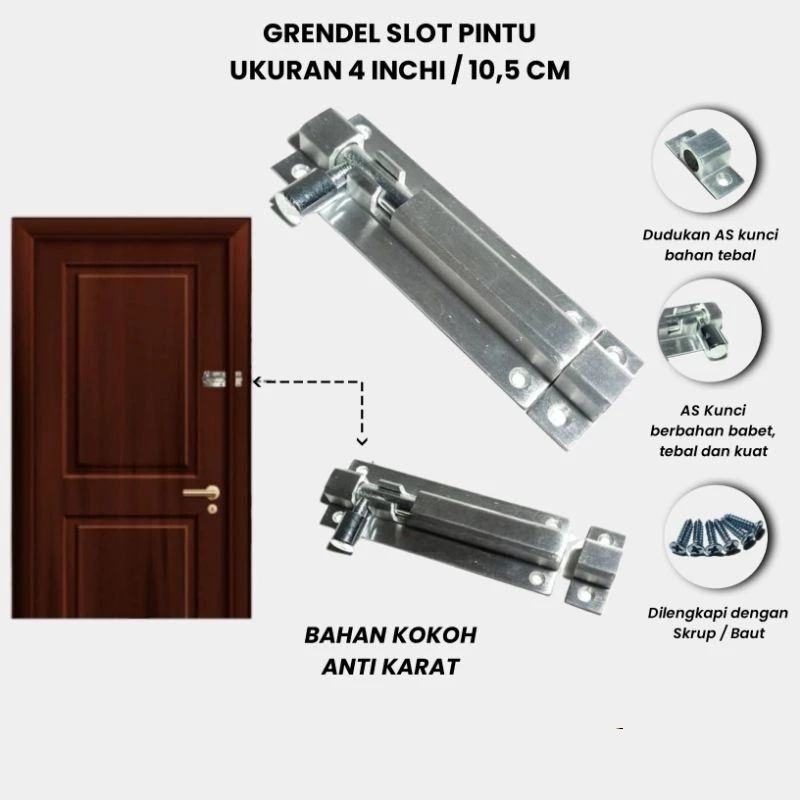 Grendel slot pintu size 4 inch ( 10,5cm ) slot kunci pintu atas / bawah