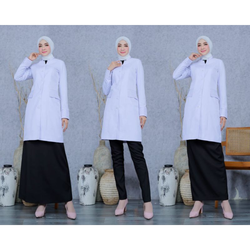 Seragam tunik putih hitam kotak atasan / set rok A/ set celana / set rok span bahan katun FREE HIJAB