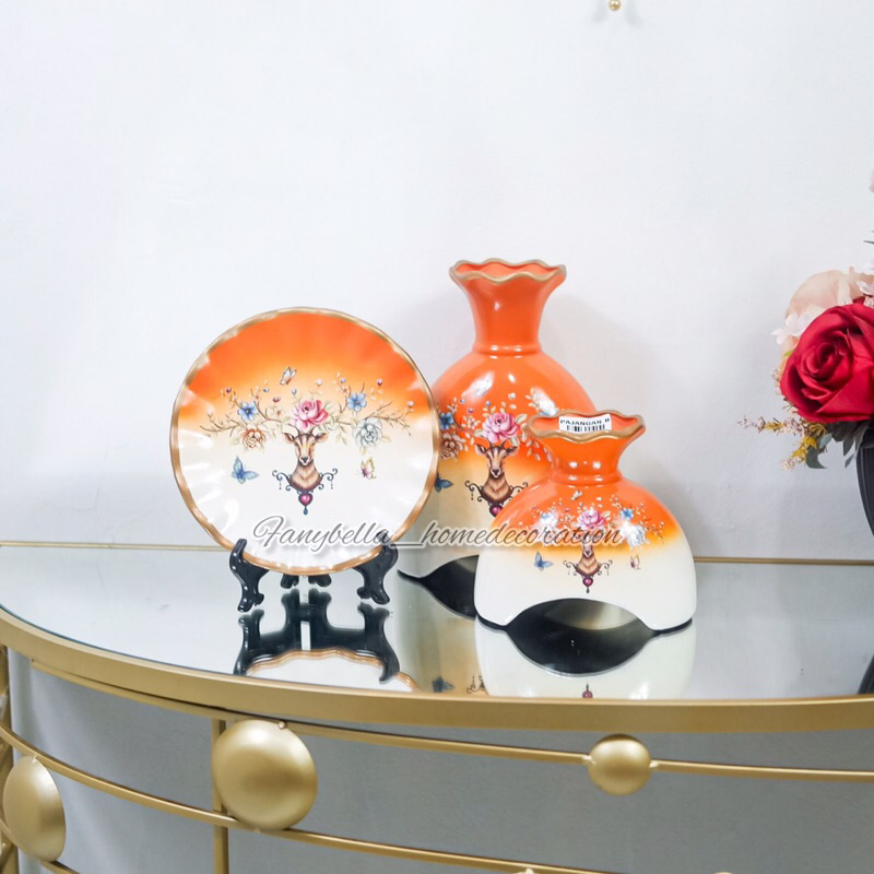 Pajangan Meja Keramik Satu set Guci Vas Piring Keramik orens Motif bunga Dekorasi Hiasan Percantik R