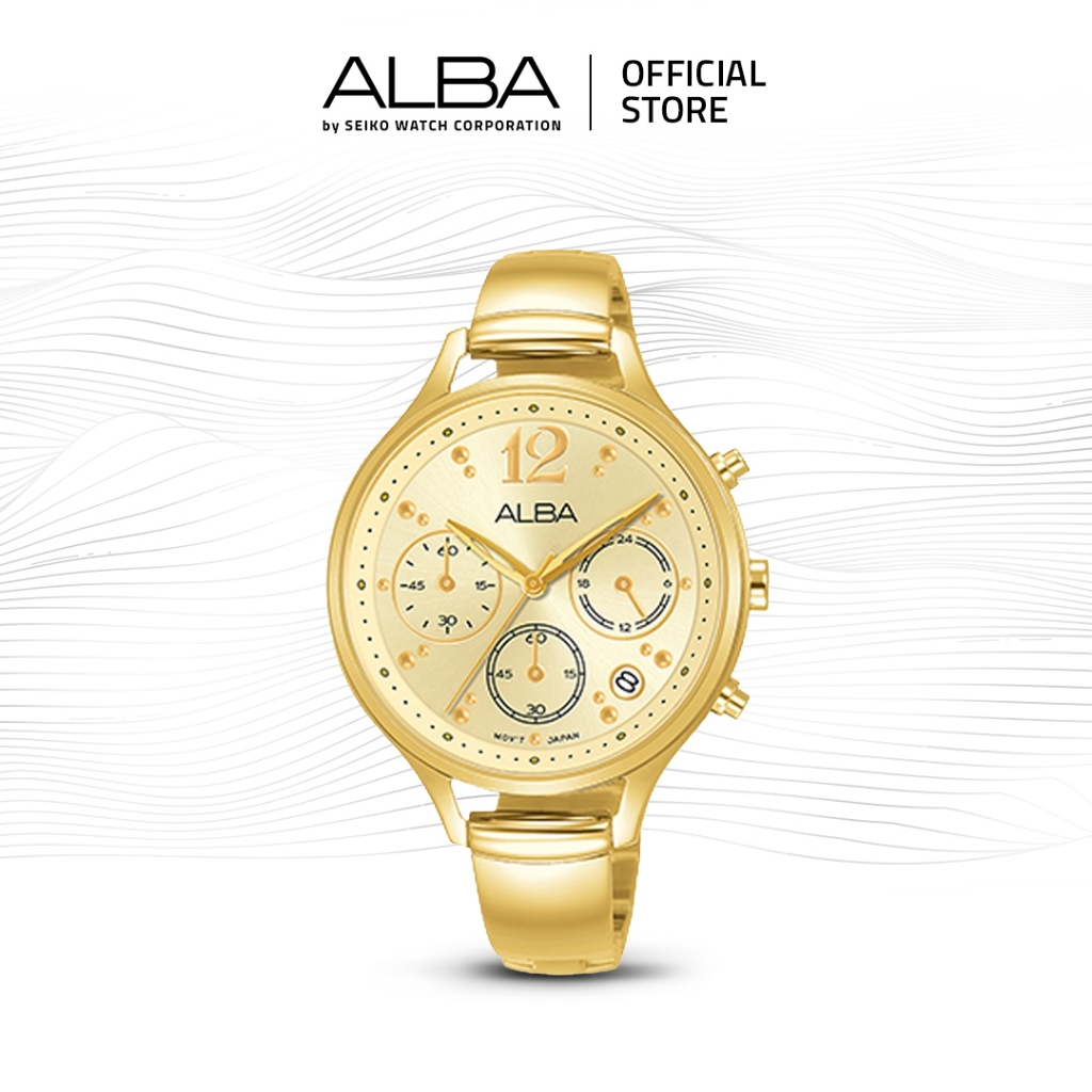 Alba Jam Tangan Wanita Chronograph AT3E98 / AT3E98X1 Quartz Gold Dial Stainless Steel Strap Watch