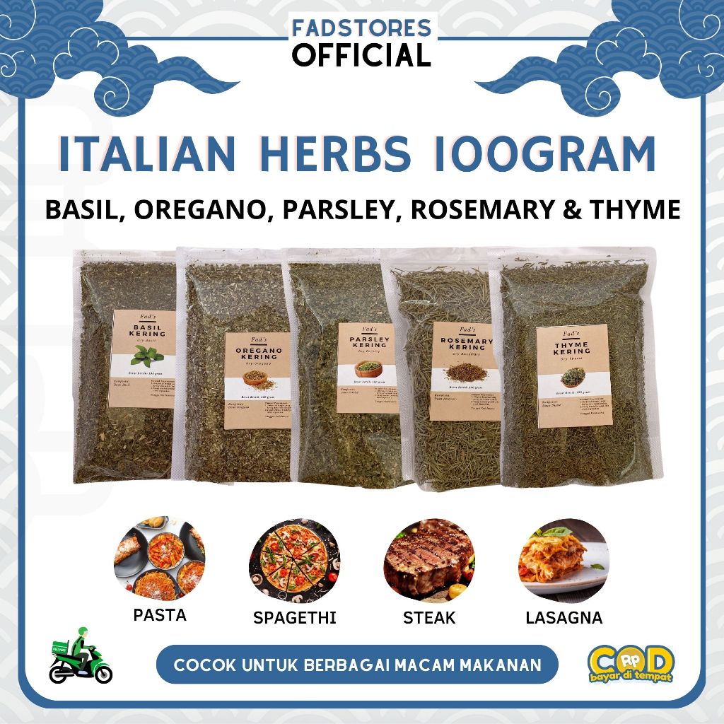 

Italian Spices 100gr - Basil 100gr - Oregano 100gr - Parsley 100gr - Rosemary 100gr - Thyme 100gr - Basil Kering 100gr - Oregano Kering 100gr - Parsley Kering 100gr - Rosemary Kering 100gr - Thyme Kering 100gr