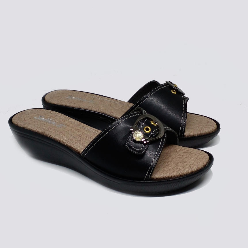 Wedges ZL02 Hitam Wanita Ibu-ibu Kondangan / Sendal Wedges Kulit Hak 3cm