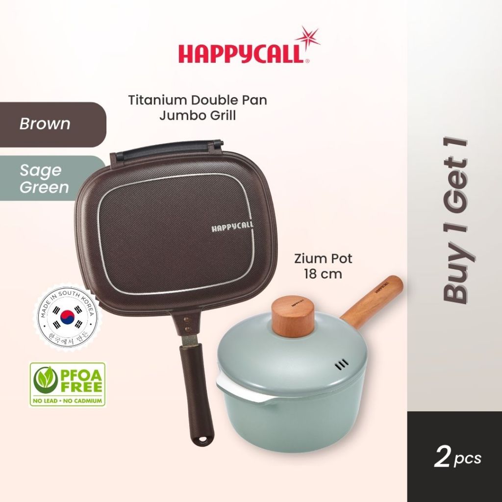 Happycall Titanium Double Pan Jumbo Grill Brown FREE Zium Pot IH 18cm - Alat Panggang Anti Lengket