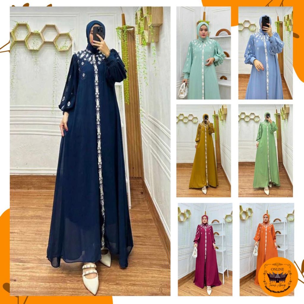 LF | Gamis Liana Tangan Balon Ceruty Babydoll Bordir Payet Busui Syari Free Hijab Segi Empat