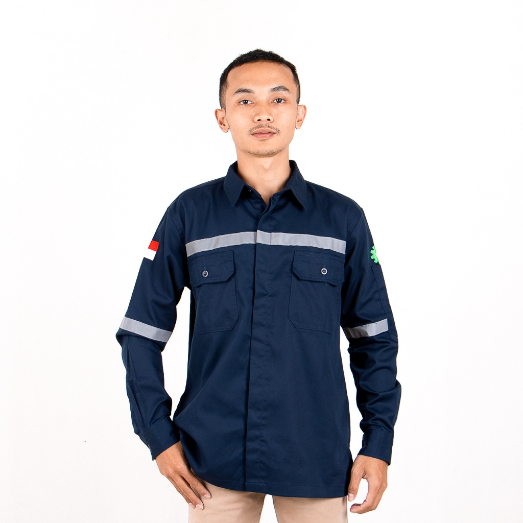 Baju Proyek Biru Dongker Navy Kemeja Bengkel Mekanik Teknisi Kerja Teknik Tambang Wearpack  Sefty K3