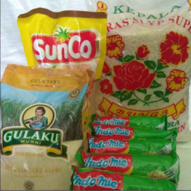 

Paket sembako/ beras 3kg / gula 1kg / minyak 1ltr/ mie 5