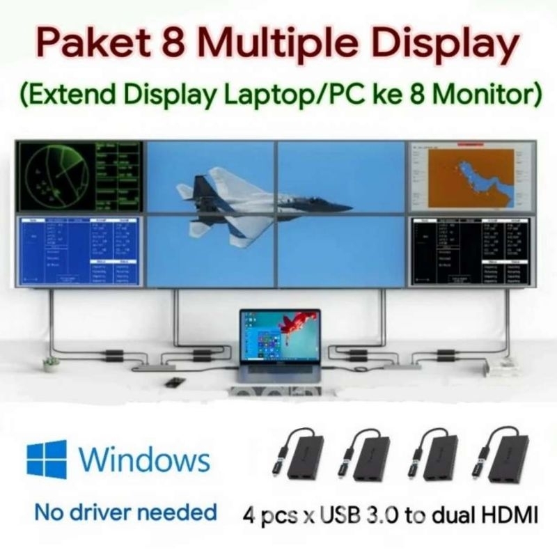 Paket extend 8 monitor multiple display (tampil beda-beda) - USB 3.0 Multiview
