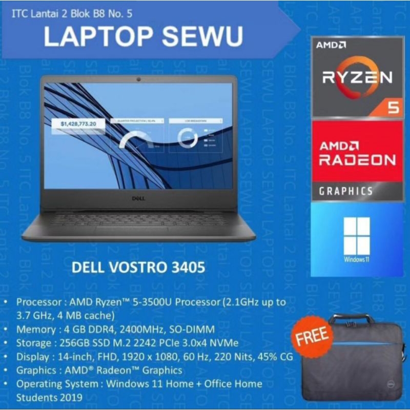 DELL VOSTRO 3405 AMD RYZEN 5-3500U 4GB SSD 256GB RADEON 14" FHD WIN11 BLCK