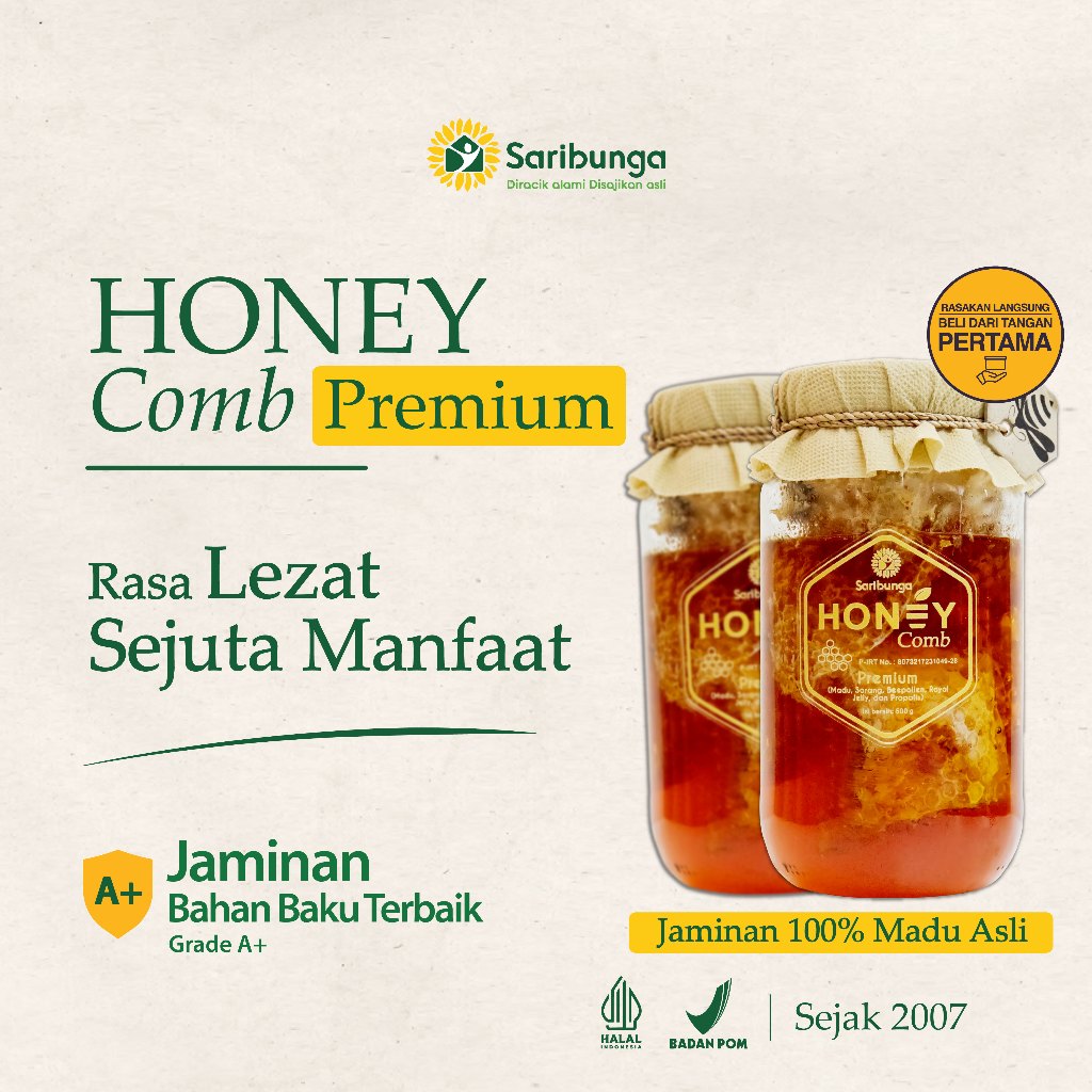 

Honeycomb Premium Grade A+ SARIBUNGA - Madu Sarang 500Gram Sarang Madu Original Premium Madu Asli